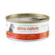 Boîte de nourriture pour chat Almo Nature avec languette et silhouette de chat ; étiquette « almo nature », « NATURAL HFC » et « Poulet aux crevettes ».