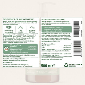 Etikett der AniForte Lachsöl-Flasche — Futtermittel für Hunde, Katzen & Pferde; Fütterungshinweise, Zutaten, 500 ml