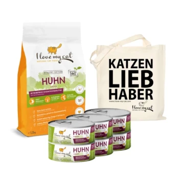Eine Tüte "Ich liebe meine Katze" Hundefutter und vier Dosen, mit einer Tragetasche, auf der "KATZEN LIEB HABER" steht.