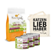 Eine Tüte "Ich liebe meine Katze" Hundefutter und vier Dosen, mit einer Tragetasche, auf der "KATZEN LIEB HABER" steht.