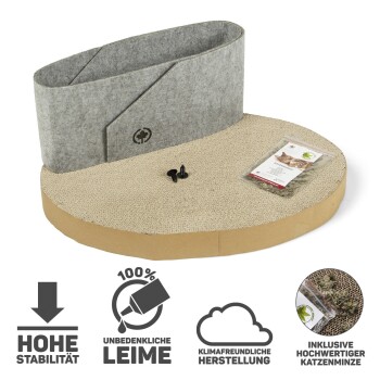 Katzekratzbaum-Kit mit einem runden Kartonboden, grauer Filzwand, Schrauben und umweltfreundlichem Katzenminze. Hebt Stabilität und Sicherheit hervor.