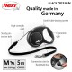 Black flexi dog leash with ergonomic grip, 5m cord, and braking system. Supports up to 20 kg. Made in Germany.