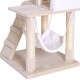 Ein beiger Katzenbaum mit einem mehrstufigen Design, das eine kleine Plattform, eine Hängematte und eine Leiter zum Klettern umfasst.