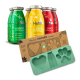 Vier bunte Flaschen mit Hundesnacks mit der Aufschrift "Huhn," "Rind," und "Lamm," neben einer grünen Silikon-Eisform in Form einer Pfote und eines Herzens.