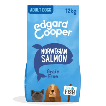 Dog food bag featuring "Edgard Cooper" brand, labeled "Norwegian Salmon," 12kg, grain-free, with illustrations of a dog and fish.
