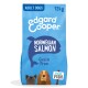 Dog food bag featuring "Edgard Cooper" brand, labeled "Norwegian Salmon," 12kg, grain-free, with illustrations of a dog and fish.
