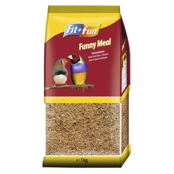 Un sac de 1 kg de nourriture pour oiseaux exotiques Fit+Fun Funny Meal, avec des illustrations colorées de deux oiseaux sur le devant.