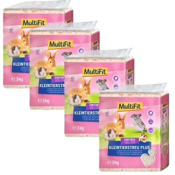 Quatre sacs de litière pour petits animaux MultiFit, chacun de 3 kg, avec des images d'un lapin, d'un cochon d'Inde et d'un chinchilla sur un fond rose.
