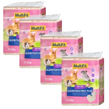 Quatre sacs de litière pour petits animaux MultiFit, chacun de 3 kg, avec des images d'un lapin, d'un cochon d'Inde et d'un chinchilla sur un fond rose.