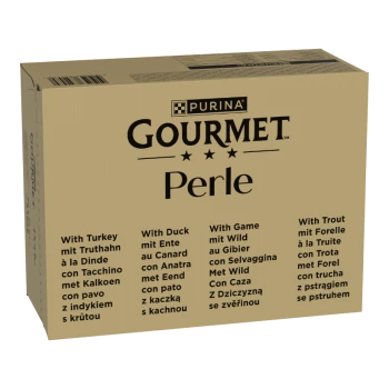 Purina Gourmet Perle Mehrfachpack in beiger Kartonverpackung für Katzenfutter mit der Aufschrift 'With Turkey, Duck, Game, Trout'.