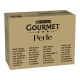 Purina Gourmet Perle Mehrfachpack in beiger Kartonverpackung für Katzenfutter mit der Aufschrift 'With Turkey, Duck, Game, Trout'.