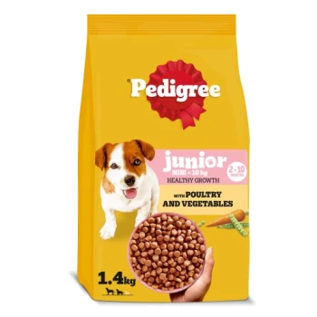 Pedigree 'junior' Healthy Growth 1.4 kg mini dog food with poultry and vegetables; puppy image and bowl of kibble