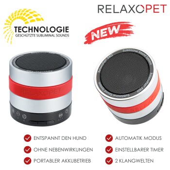 RelaxoPet Pro Soundsystem für Hunde mit rotem und silbernem Design, beschriftet mit "NEU," bietet subliminale Klänge und einen einstellbaren Timer.