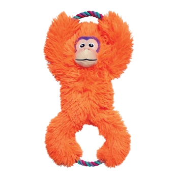 Jouet pour chien en peluche singe orange et hirsute avec visage à accents violets et poignées en corde torsadée en haut et en bas