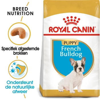 Royal Canin Puppyvoer voor Franse Bulldogs, met een puppy afbeelding, details over voeding voor het ras, en claims over het ondersteunen van natuurlijke verdedigingen.