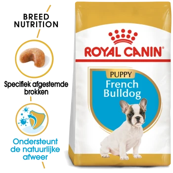 Royal Canin Puppyvoer voor Franse Bulldogs, met een puppy afbeelding, details over voeding voor het ras, en claims over het ondersteunen van natuurlijke verdedigingen.