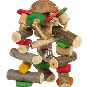Buntes Holzspielzeug für Vögel, bestehend aus verschiedenen geformten Blöcken und Stämmen, mit einer Kokosnussschalenoberseite und einer kleinen Metallglocke.