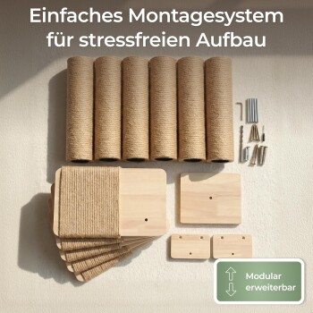 Wand-Kratzset für Katzen: sechs Sisalpfosten, Holzplattformen und Montagezubehör; Text: 'Einfaches Montagesystem...' und 'Modular erweiterbar'.
