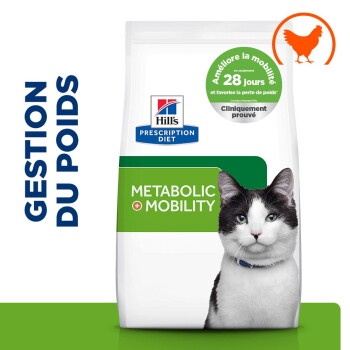 Sac de croquettes Hill's Prescription Diet « Metabolic + Mobility » avec photo de chat, logo de la marque et texte visible « Gestion du poids ».