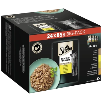 Grand paquet de nourriture pour chats Sheba Selection Mini Filets, contenant 24 portions de 85g, présentant un chat gris et un bol de nourriture humide.