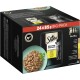 Sheba Selection Mini Filets Katzenfutter Großpackung, enthält 24 x 85g Portionen, mit einer grauen Katze und einer Schüssel mit Nassfutter.