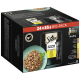 Grand paquet de nourriture pour chats Sheba Selection Mini Filets, contenant 24 portions de 85g, présentant un chat gris et un bol de nourriture humide.