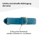 Blaues Haustierhalsband mit einem goldenen D-Ring für eine einfache Leinenbefestigung, mit Text, der die schnelle und einfache Verwendung hervorhebt.