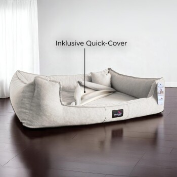 Beiges rechteckiges Haustierbett mit erhöhten Seiten, Kissen und der Aufschrift "Inklusive Quick-Cover" auf einem Holzboden.