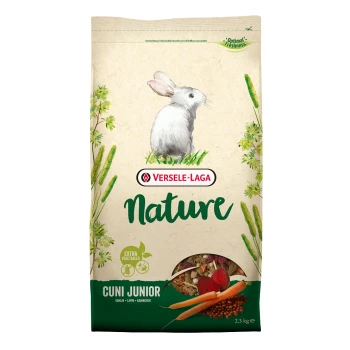 Nature Cuni Junior für Kaninchen 2.3 kg Eine 2,3 kg Tüte Versele-Laga Nature Cuni Junior Kaninchenfutter, mit einer Kaninchenillustration und dem Text "Extra Gemüse".