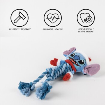 Blue and purple Stitch plush dog toy with rope body, labeled resistant, healthy, and dental hygiene benefits.