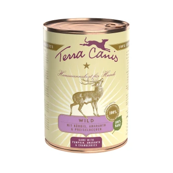 Dose mit Terra Canis Hundefutter, beschriftet mit 'Wild', mit Zutaten wie Kürbis, Amaranth und Cranberries, mit einer Illustration eines Rehs.