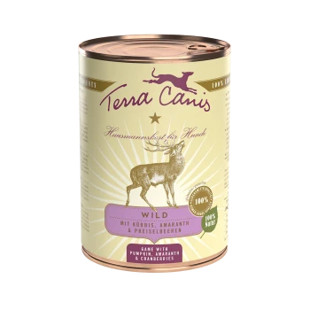 Dose mit Terra Canis Hundefutter, beschriftet mit 'Wild', mit Zutaten wie Kürbis, Amaranth und Cranberries, mit einer Illustration eines Rehs.