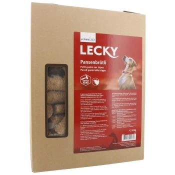 Schachtel Schweizer Lecky Pansenbrötli extra harte Hundeleckerlis mit Hundebild und Produktdetails auf rotem Etikett.