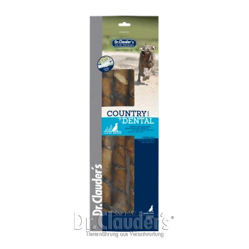 Dr. Clauder's Country Dental Leckerlis für große Hunderassen, die zahnmedizinische Vorteile bieten, mit einem Foto des Produkts und einem Hund im Hintergrund.