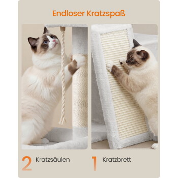 Ragdoll-Katze auf beigem Kratzpfosten und schrägem Kratzbrett. Sichtbarer Text: 'Endloser Kratzspaß'; '2 Kratzsäulen'; '1 Kratzbrett'