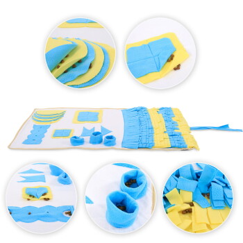 Blau-gelbe Snuffle-Matte-Spielzeug für Hunde mit Klappen, Taschen und aufgerollten Röhren, die Trockenfutter verbergen.