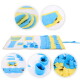 Blau-gelbe Snuffle-Matte-Spielzeug für Hunde mit Klappen, Taschen und aufgerollten Röhren, die Trockenfutter verbergen.