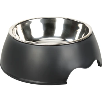 Schwarze Futterschüssel für Haustiere mit einem Edelstahl-Innenraum und einer rutschfesten Basis, entworfen für einfaches Füttern.