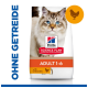 Hill's Science Plan Katzenfutterbeutel mit einer flauschigen Katze mit blauen Augen, beschriftet mit "Erwachsen 1-6" und "mit Huhn" sowie dem Text "OHNE GETREIDE."