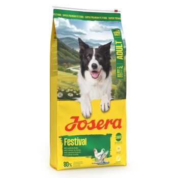 Gelbe Josera Festival Hundefutter-Tüte für ausgewachsene Hunde mit lächelndem Border Collie; sichtbarer Text: Josera, Festival, Adult, All Sizes, 80%.