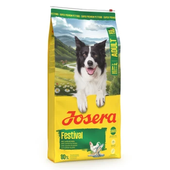 Gelbe Josera Festival Hundefutter-Tüte für ausgewachsene Hunde mit lächelndem Border Collie; sichtbarer Text: Josera, Festival, Adult, All Sizes, 80%.