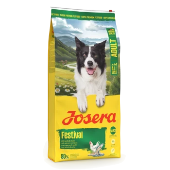 Gelbe Josera Festival Hundefutter-Tüte für ausgewachsene Hunde mit lächelndem Border Collie; sichtbarer Text: Josera, Festival, Adult, All Sizes, 80%.