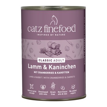 Karma dla kota Catz Finefood Classic Adult w puszce, jagnięcina i królik z żurawiną i marchewką, bez zbóż, bez dodatku cukrów.