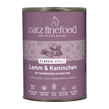 Catz Finefood Classic Adult Katzenfutterdose, Lamm und Kaninchen mit Cranberries und Karotten, getreidefrei, ohne Zuckerzusatz.