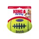 Ballon KONG AirDog jaune néon de style tennis avec sifflet, lacets bleus sur carte, texte visible 'KONG AirDog' et 'SQUEAKER'.