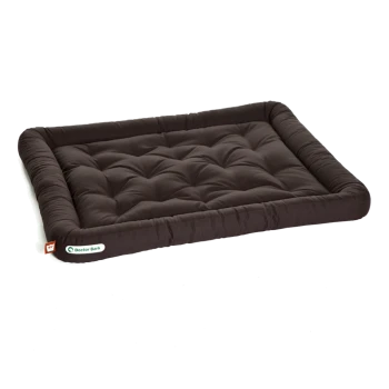 Braunes Haustierbett mit gepolstertem Design und erhöhten Kanten, beschriftet mit "Doctor Bark" an der Seite.