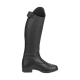 Schwarze Lederreitstiefel mit hohem Schaft, mit einem seitlichen Reißverschluss und einer Schnalle oben.