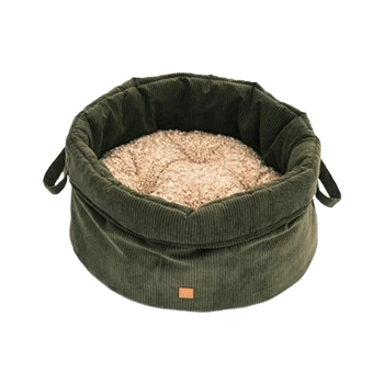 Rundes grünes Cordstoff-Haustierbett mit weichem beigen Innenkissen und Seitenhandgriffen.