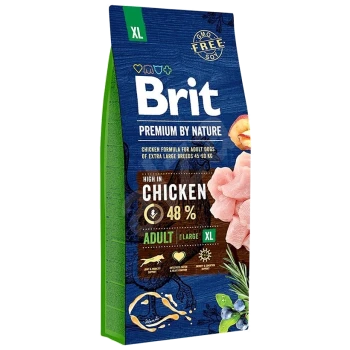 Hundefutterbeutel mit der Aufschrift "Brit Premium by Nature", mit einer Hühnerformel für sehr große Rassen, 48 % Hühneranteil und gesundheitlichen Vorteilen.