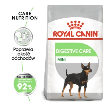 Torba karmy Royal Canin Digestive Care Mini z ilustracją czarno-podpalanej suczki, podkreślająca poprawę jakości stolca i 92% skuteczności.